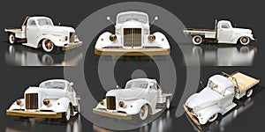 Set old restored pickup. Pick-up in the style of hot rod. 3d illustration. White car on a black background.