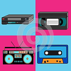 Set of old retro vintage antique hipster analog technology, electronics audio cassette and audio tape recorder, video cassette and