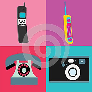 A set of old retro vintage antique hipster analog technology, electronics for communication, the first mobile and disk phones and