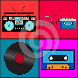 Set of old retro vintage antique hipster musical analog technology, electronics vinyl record, audiocassette and audio player tape