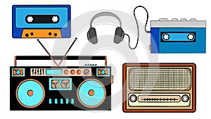 A set of old retro vintage hipster musical audio equipment, electronics from the 80`s, 90`s: cassette audio player, audio casset