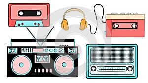 A set of old retro vintage hipster musical equipment, electronics from the 80`s, 90`s: cassette audio player, audio cassette, he