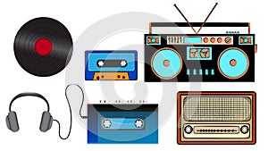 A set of old retro vintage hipster musical equipment, electronics from the 80`s, 90`s: cassette audio player, audio cassette, he