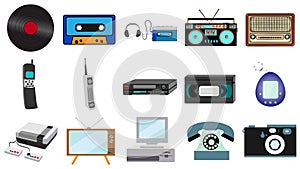 Set of old retro vintage hipster technology, electronics music vinyl, audio and video cassette tape recorder TV game console phone