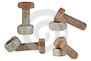 Set of old rusty bolt and screw-nut isolated on white background