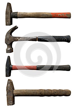 Set of old rusty hammers on a white isolated background