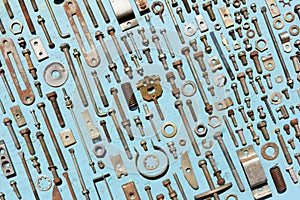 Set of old rusty metal screws, nuts and bolts