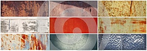 Set of old rusty metal textures. Collection of panoramic backgrounds for design.