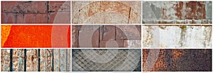 Set of old rusty metal textures. Collection of panoramic backgrounds for design.