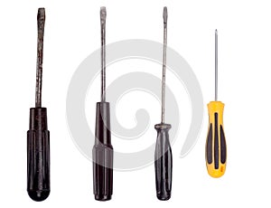 Set of old screwdrivers on a white background