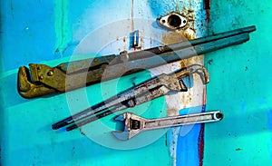 Set of old tools Set of old keys pipe wrenches adjustable spanners