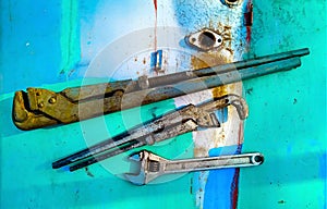 Set of old tools Set of old keys pipe wrenches adjustable spanners