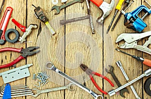 Set of old tools on wooden background concept Father day and labor day background Copy space for your text