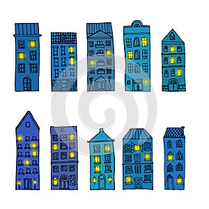 Set of old town buildings on white background.