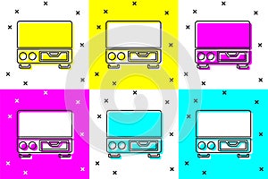 Set Old video cassette player icon isolated on color background. Old beautiful retro hipster video cassette recorder