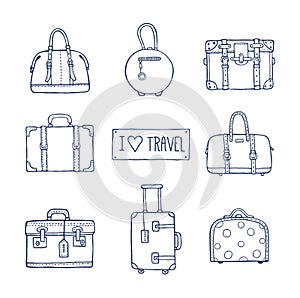 Set of old vintage bags and suitcases for travel