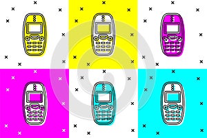 Set Old vintage keypad mobile phone icon isolated on color background. Retro cellphone device. Vintage 90s mobile phone