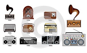 Set of old vintage radio transistor time line.