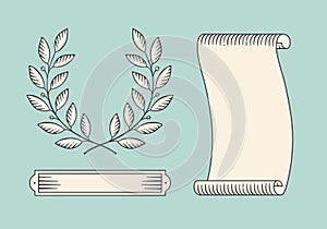 Set of old vintage ribbon banner and laurel wreath in engraving style. Hand drawn design element. Vector illustration.