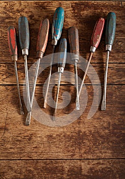 Set of old vintage wooden handled screwdrivers