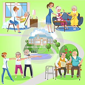Set of old women and men spending time in nursing home