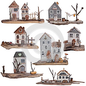 Set of old wooden houses model.