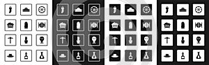 Set Old wooden wheel, Bullet, Coal mine trolley, Tooth, Saloon door, Location cowboy and Pickaxe icon. Vector