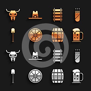 Set Old wooden wheel, Quiver with arrows, Wooden beer mug, barrel, Shovel, Railway, railroad track, Buffalo skull and