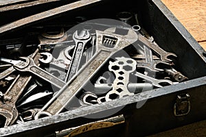 Set of old wrenches in a wooden box, hand tools for DIY and repairing