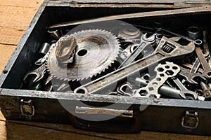Set of old wrenches in a wooden box, hand tools for DIY and repairing
