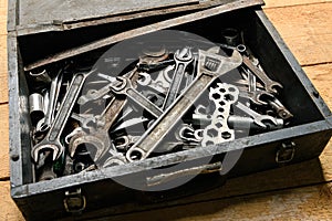 set of old wrenches in a wooden box, hand tools for DIY and repairing