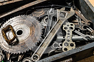 set of old wrenches in a wooden box, hand tools for DIY and repairing