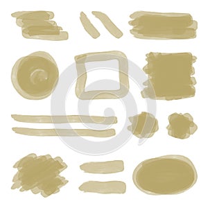 A set of olive beige brush strokes and spots on a white background. Color Japanesse marker or watercolor - textured photo