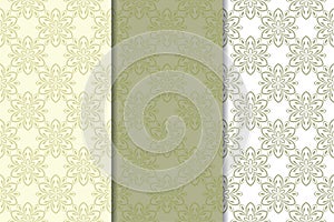 Set of olive green floral backgrounds. Seamless patterns