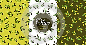 Set Olive seamless pattern. Branches with black ripe olives.