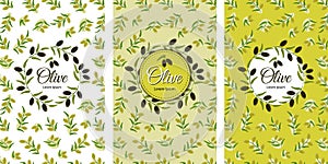 Set Olive seamless pattern. Branches with green olives on white background.