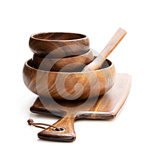 Set of olive wooden utensil isolated on white