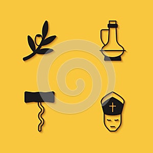 Set Olives branch, Pope, Wine corkscrew and Bottle of olive oil icon with long shadow. Vector