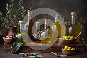 Set of olives oil bottles and fruits background. Generative AI