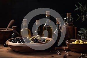 Set of olives oil bottles and fruits background. Generative AI