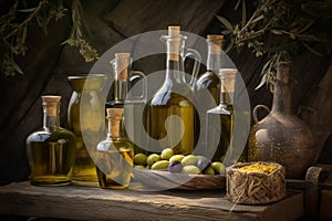 Set of olives oil bottles and fruits background. Generative AI