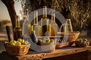 Set of olives oil bottles and fruits background. Generative AI