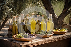 Set of olives oil bottles and fruits background. Generative AI