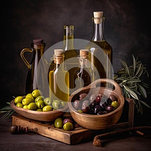 Set of olives oil bottles and fruits background. Generative AI