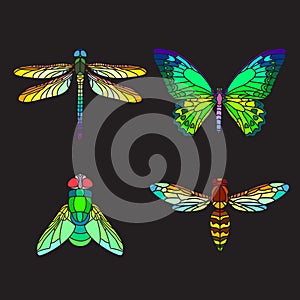 Set of Ñolorful stained-glass insects