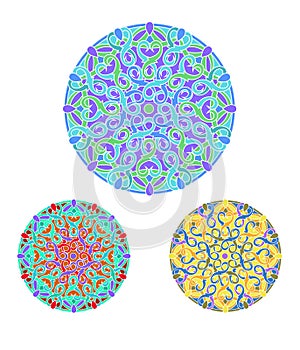 Set of Ð¡olour decorative design element with a circular pattern. Mandala