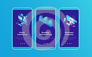 Set of onboarding screens for mobile apps.