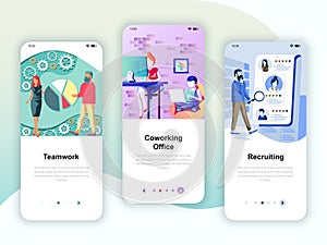 Set of onboarding screens user interface kit for Teamwork, Coworking Office, Recruiting, mobile app templates concept.