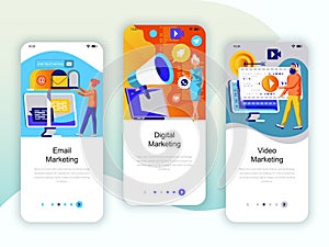 Set of onboarding screens user interface kit for Video, Email, Digital Marketing, mobile app templates concept.