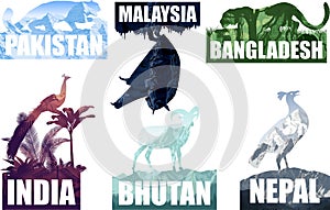 Set of ondostan countries illustrations: Nepal, Bangladesh, Bhutan, Pakistan, Malaysia, India